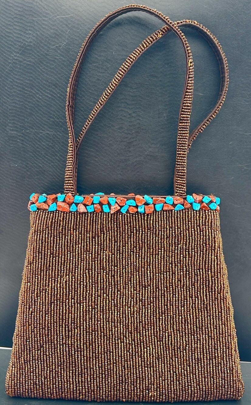 La Pomme Beaded Purse Handbag Bag with Turquoise Stone Accents by La Blend